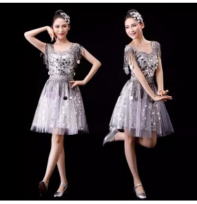Modern Jazz silver sequins dance dresses for women girls gogo dancers fashion sequin opening dance costumes contest music production wear 